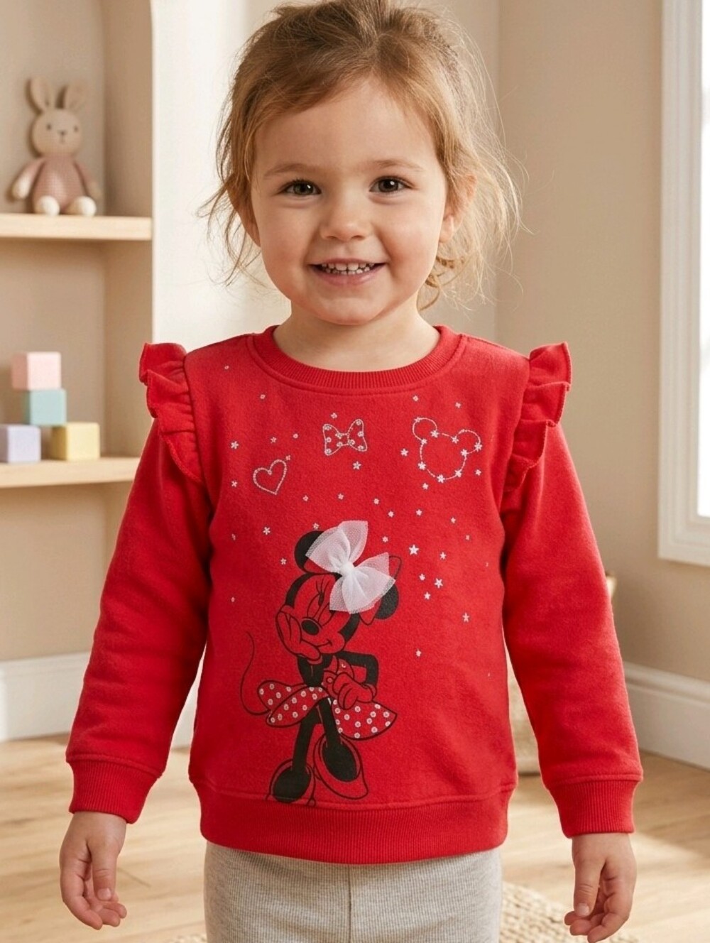 Disney Minnie Mouse Sweatshirt 3T Red Glitter Stars Ruffle Fleece Top Cozy Charm